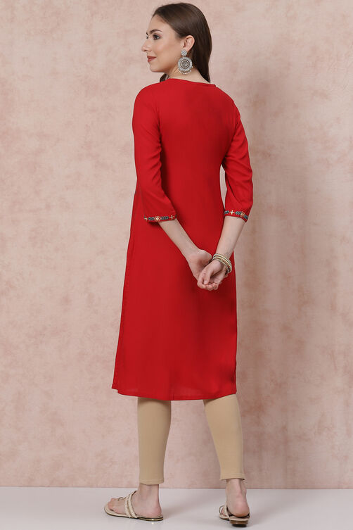 Red LIVA Straight Kurta image number 4